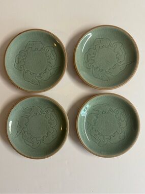 4 Vintage Siam Celadon Wood Ash Green Ceramic Elephant Dessert Plates Handmade